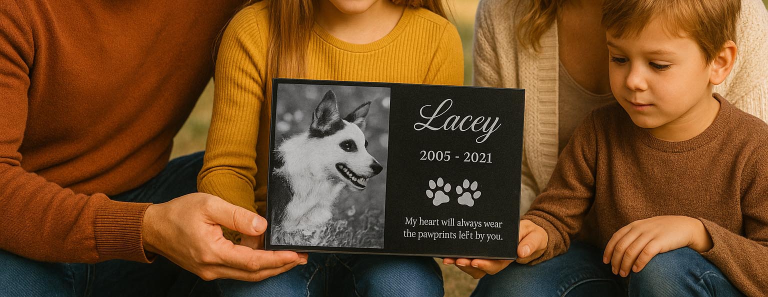 Family holding memorial plaque with engraved wording - Laser Engraved Memories